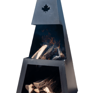 A large metal outdoor fireplace with a maple leaf cutout design, burning wood logs, on a paved area